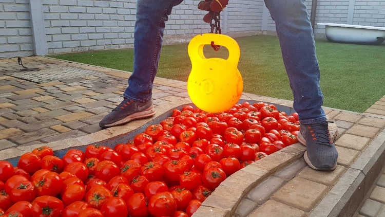 1000度的壶铃扔到西红柿泳池中